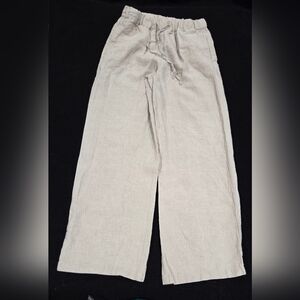 100% Linen Wide Leg Beach Pants Elastic Waist Beige Coastal Resort Pockets S/M